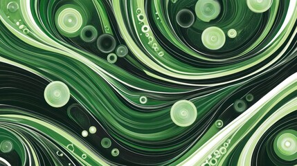 Abstract background of green circles and white curved lines. Horizontal. Dynamic. Elegant. Pattern