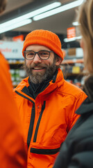 Smiling Bearded Man in Orange Winter Jacket and Beanie Engaging in Conversation Inside a Grocery Store &ndash; Friendly Interaction, Shopping, and Warm Clothing