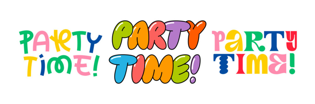 Naklejki Party Time Cute Text. Vector Y2K Cartoon Letters. Color Birthday, Dance Party and Other Celebration Typography