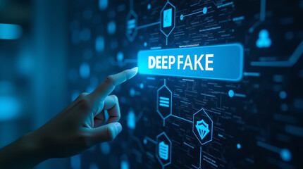 Hand reaching out to press a red button labeled 'DEEPFAKE' on a glowing blue digital interface. Futuristic, abstract background