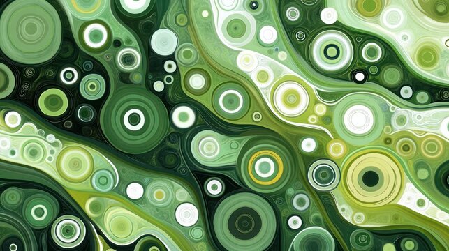 Abstract background of green circles and white curved lines. Horizontal. Dynamic. Elegant. Pattern