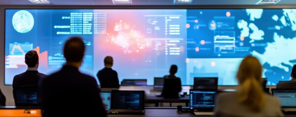 Team analyzing global data on large screen in high-tech control room