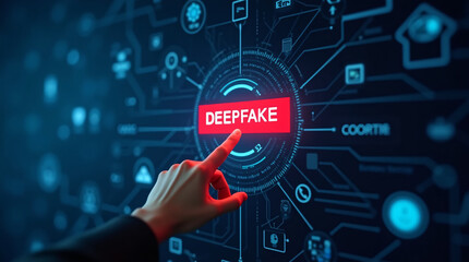Hand reaching out to press a red button labeled 'DEEPFAKE' on a glowing blue digital interface. Futuristic, abstract background