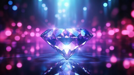 abstract background with neon lights of blue white pink violet colors glowing on shiny diamond on shiny reflecting stage