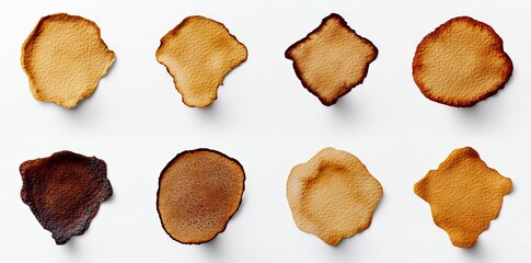 Naklejka premium A transparent background is dotted with brown coffee stains of differing sizes, forming an irregular pattern of rings and splashes, with the intensity of each stain varying