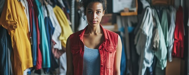 Fototapeta premium Young woman in a red vest standing confidently in a colorful clothing store