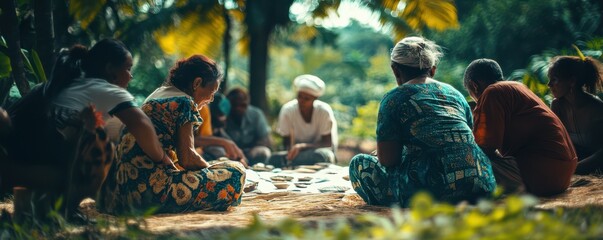 Elderly group playing traditional game in tropical setting