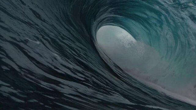 A powerful tsunami wave captured from inside the curl, showing the immense scale and force of the water as it begins to crash down