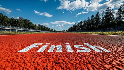 Obraz premium Finished line on a red running track in a stadium with the word finish written in white