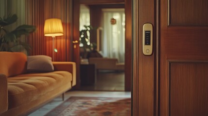 Modern Smart Home Interior Design Luxurious Apartment Wooden Door Digital Keypad Elegant Living Room Comfortable Sofa Warm Lighting Home Automation   