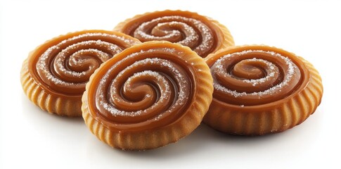 Fototapeta premium Arranged on a white surface, four buttery cookies feature a caramel swirl and a dusting of coarse salt, highlighting their sweet and savory flavors