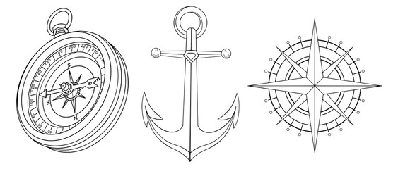 Nautical themed vector with compass and anchor outline SVG