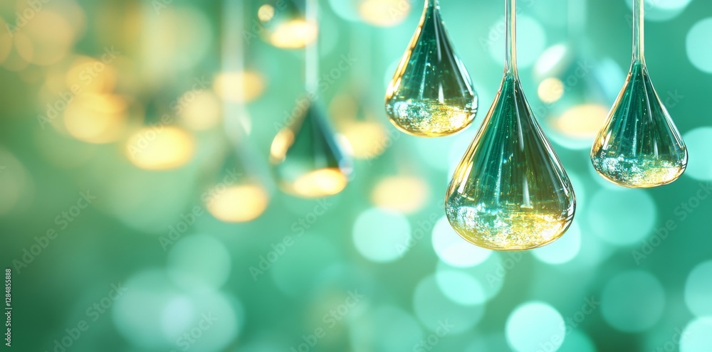 Poster graceful floating drops with teal and white gradients form an elegant illusion against a soft, blurr