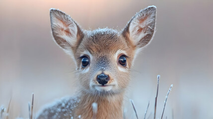 Fototapeta premium Fawn in frosty field, winter sunrise. Wildlife photo for nature calendar