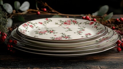 Floral dinner plates stacked on rustic wooden table with holiday decor
