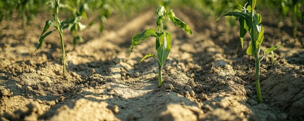 Young corn plants growing in sunlit field with rich soil