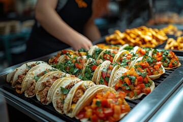 Mexican street food, sizzling tacos on the grill, fresh ingredients displayed, vibrant colors, urban night market setting