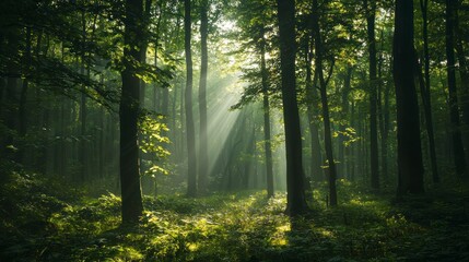 Naklejka premium Beautiful green forest with tall trees and sunlight filtering through