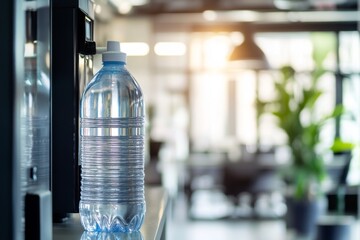 A clear water bottle sits on a countertop in a bright, modern office space filled with plants and natural light. Generative AI
