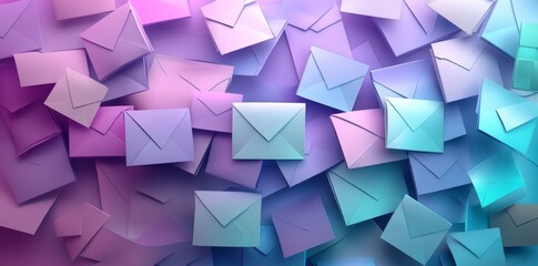 Fototapeta premium A variety of envelopes are placed in a geometric pattern against a gradient purple backdrop. The lighting produces gentle shadows, emphasizing the soft colors and distinct lines of the envelopes