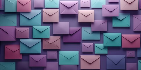 Envelopes of assorted sizes are laid out in a geometric arrangement on a gradient purple background. The lighting creates delicate shadows, enhancing the pastel tones and clear lines