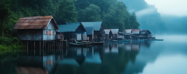 Misty morning on lake with wooden huts and boats reflecting in calm water
