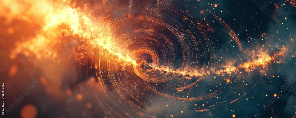 Poster cosmic spiral of fiery particles in space with vortex swirls and glowing sparks