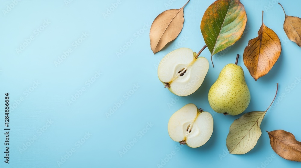 Poster next to a split-open pear, a delicate, skeletal leaf is displayed. the setup showcases the leaf's in