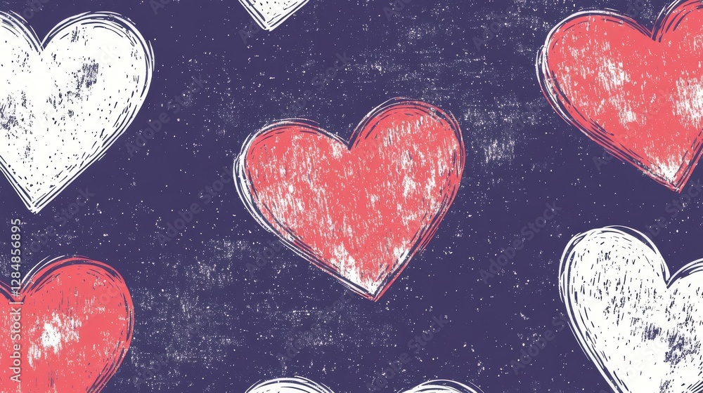 Poster red and white hearts arranged in a repeating pattern pop against a dark backdrop, creating a bold co