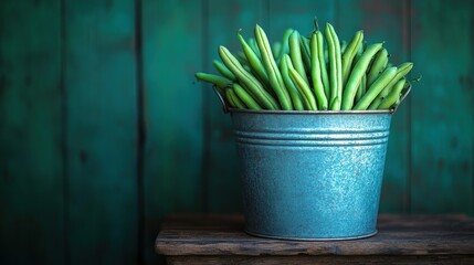 Fresh green beans in a vintage tin bucket on a rustic wooden table against a teal wooden wall