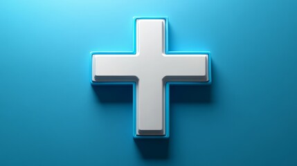 Obraz premium On a light blue background, a glossy, 3D plus sign is adorned with soft, curved designs and a fluid central shape. The combination of blue and white hues provides a modern and sleek aesthetic