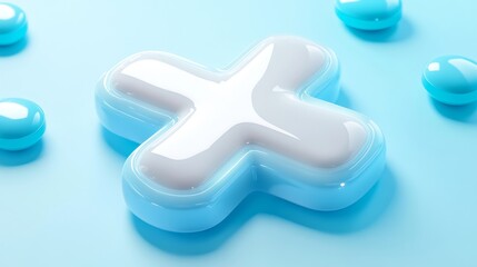Featuring a design with soft curves and a fluid shape in the center, a glossy, 3D plus sign stands out on a light blue background. The blue and white palette gives it a sleek and modern appearance