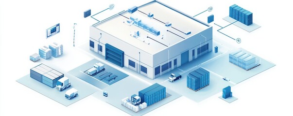 Futuristic warehouse automation and logistics system with drones and trucks