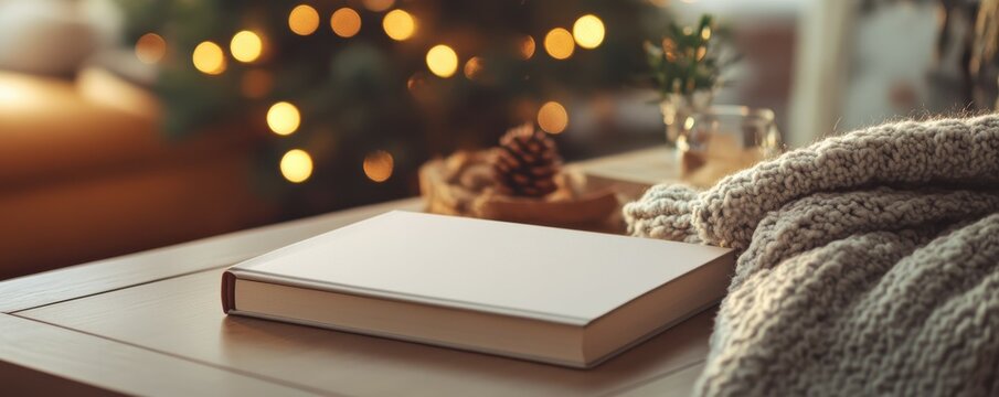 Cozy living room scene with book on table and warm lighting during winter holidays
