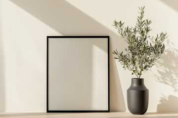 Plant in vase near frame. Home decor with indoor plant and frame on floor. Interior design with plant