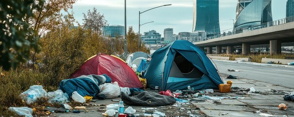 Urban homeless encampment with tents amidst skyscrapers and litter in cityscape