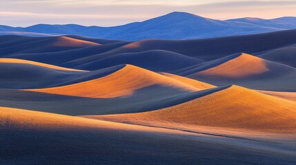 Serene Sunset Over Rolling Sand Dunes in Vibrant Desert Landscape at Golden Hour