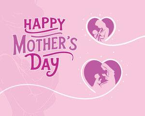 Charming Mother's Day illustration with mother and child silhouettes inside heart shapes. Soft pink background with elegant typography, perfect for greeting cards and social media