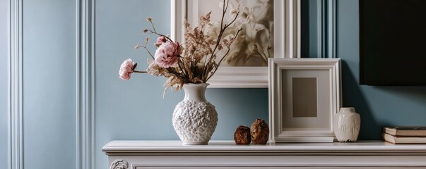 Elegant floral arrangement in white vase on classic white mantel