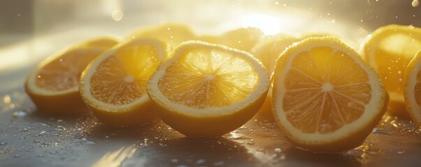 Fresh sliced lemons with sunlit water droplets in a bright kitchen