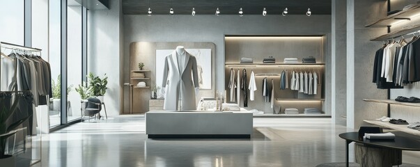 Elegant modern clothing store interior with stylish apparel display and minimalist decor