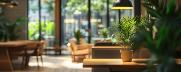 Fototapeta premium Modern café interior with potted plants and sunlit wooden furniture