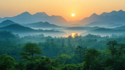 Fototapeta premium Sunrise over misty mountains and forests