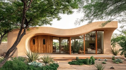 Modern Desert House Architectural Design Organic Curves Tan Stucco Walls Wooden Doors Large Windows Desert Landscape Exterior Home Southwest Style    
