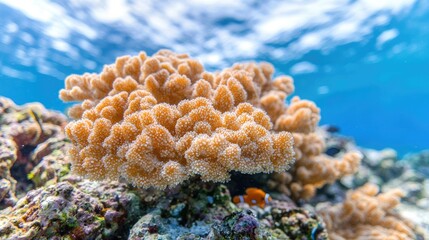 Obraz premium Underwater coral reef, vibrant orange coral, clownfish, marine life, thriving ecosystem, vibrant colors, peaceful marine scene