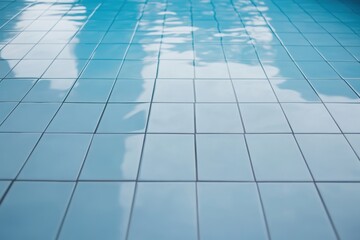 Obraz premium Clean, light blue pool tiles, reflecting the sky and clouds above, creating a serene and inviting atmosphere.