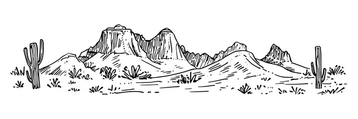desert mountain landscape with cacti vintage engraving style doodle sketch vector © Kaz