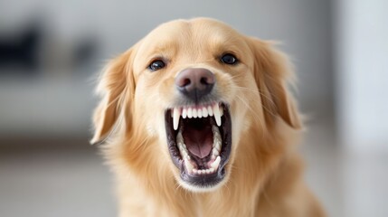 Close-up of a Golden Retriever snarling, showing its teeth, aggressive dog baring teeth.