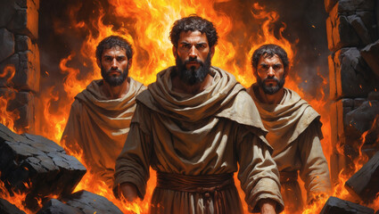 Obraz premium Three figures stand amidst a blazing fire, their stoic expressions unwavering against the intense heat and surrounding chaos.