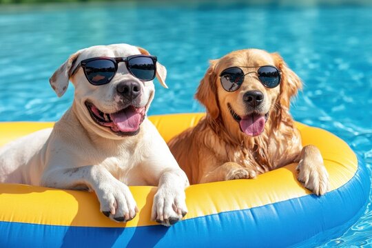 Two dogs with sunglasses relaxing on inflatable ring in a pool, enjoying summer, happy dogs cooling off in the swimming pool on a hot day.